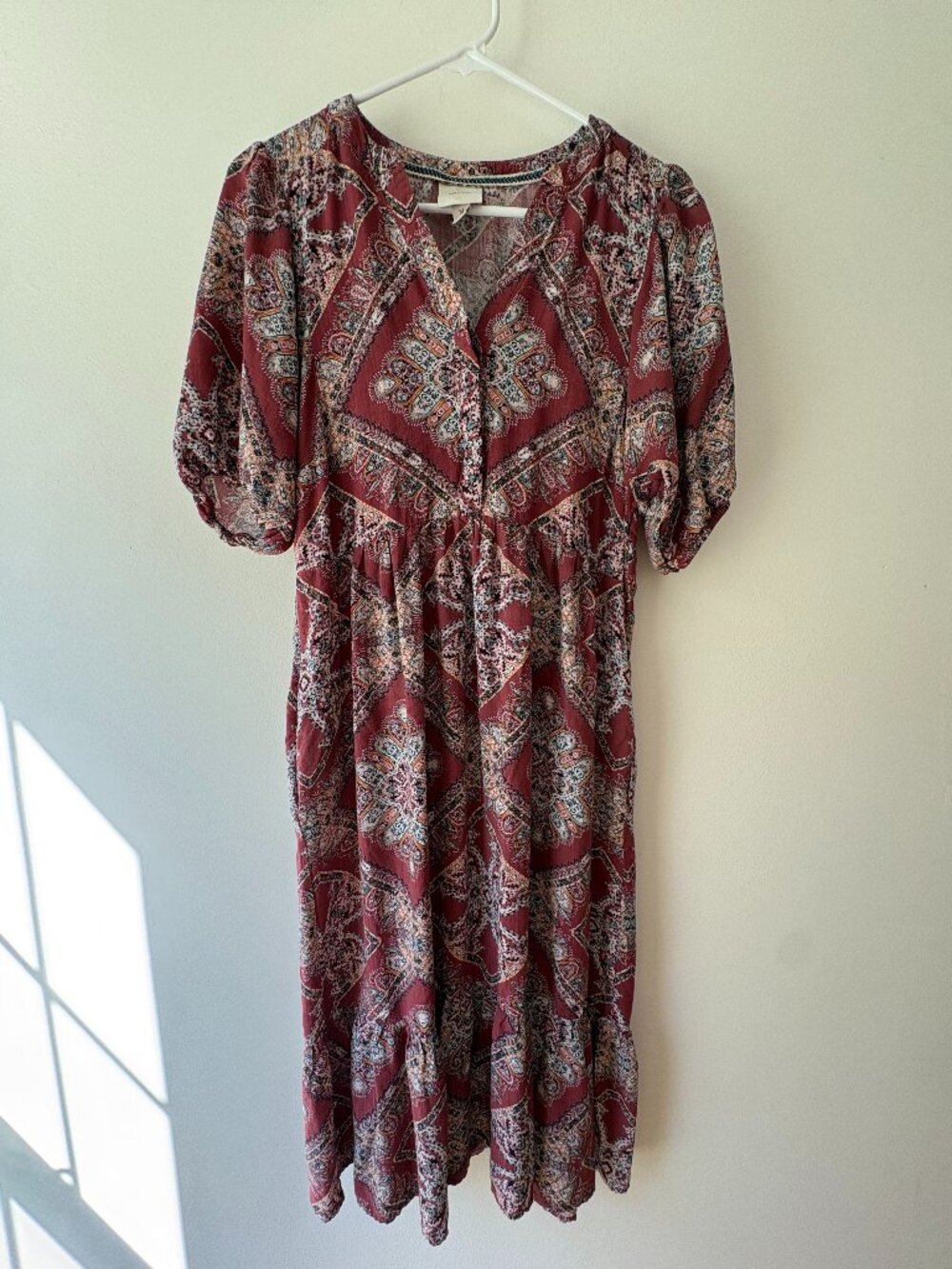 Knox Rose Burgundy Paisley Patchwork Tiered Midi Dress - Size M
